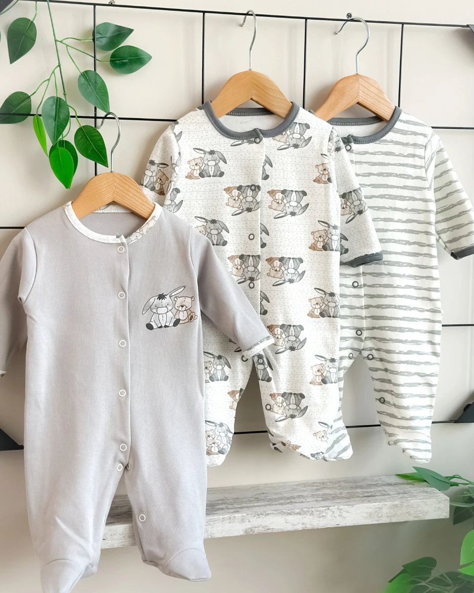 Şaşkın eşek ve ayı arkadaşlar boydan çıtçıtlı ayaklı mevsimlik 3 lü tulum set 