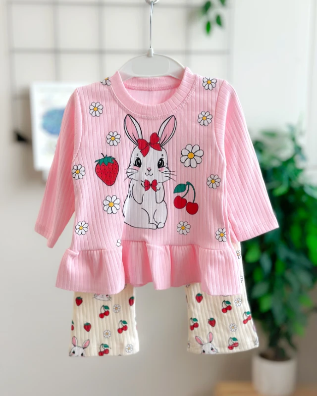 Kırmızı papyonlu tavşan baskı detaylı fitilli tayt mevsimlik 2 parça takım