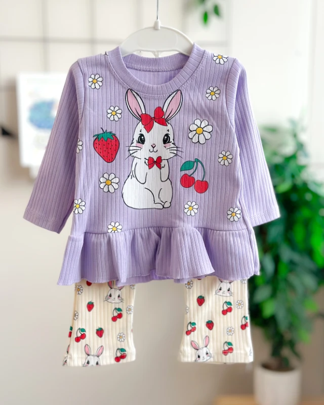 Kırmızı papyonlu tavşan baskı detaylı fitilli tayt mevsimlik 2 parça takım