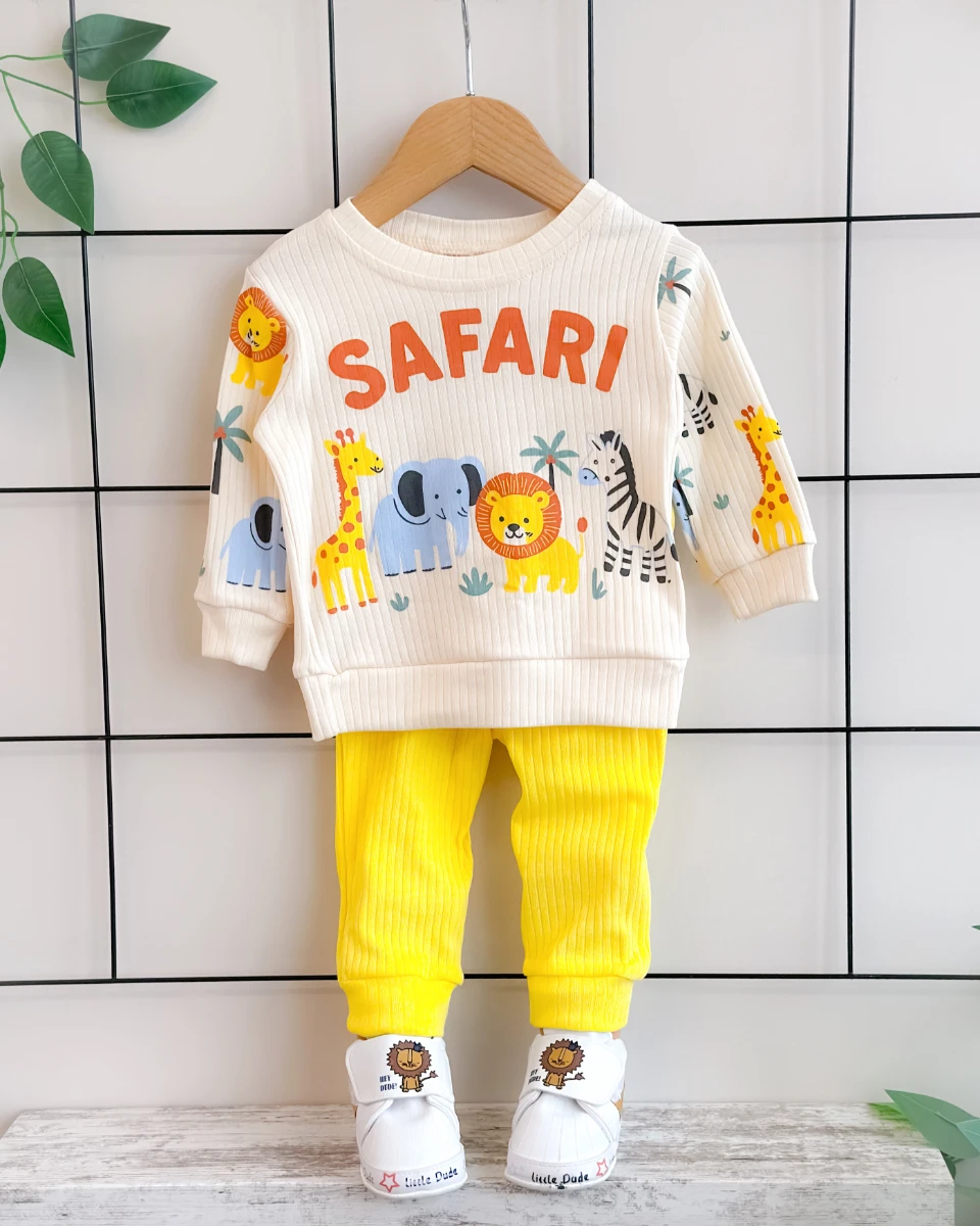 Gülen hayvanlar safari desen fitilli kumaş mevsimlik 2 parça takım