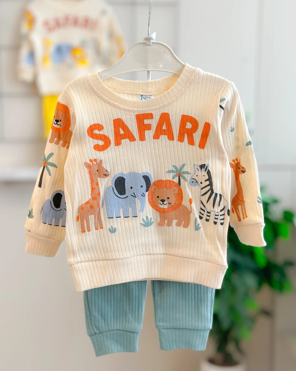 Gülen hayvanlar safari desen fitilli kumaş mevsimlik 2 parça takım