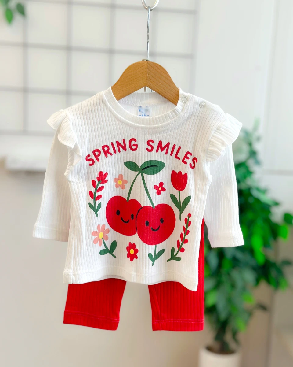 Sprıng smıles baskılı fitilli kumaş omuzdan çıtçıtlı mevsimlik 2 parça takım