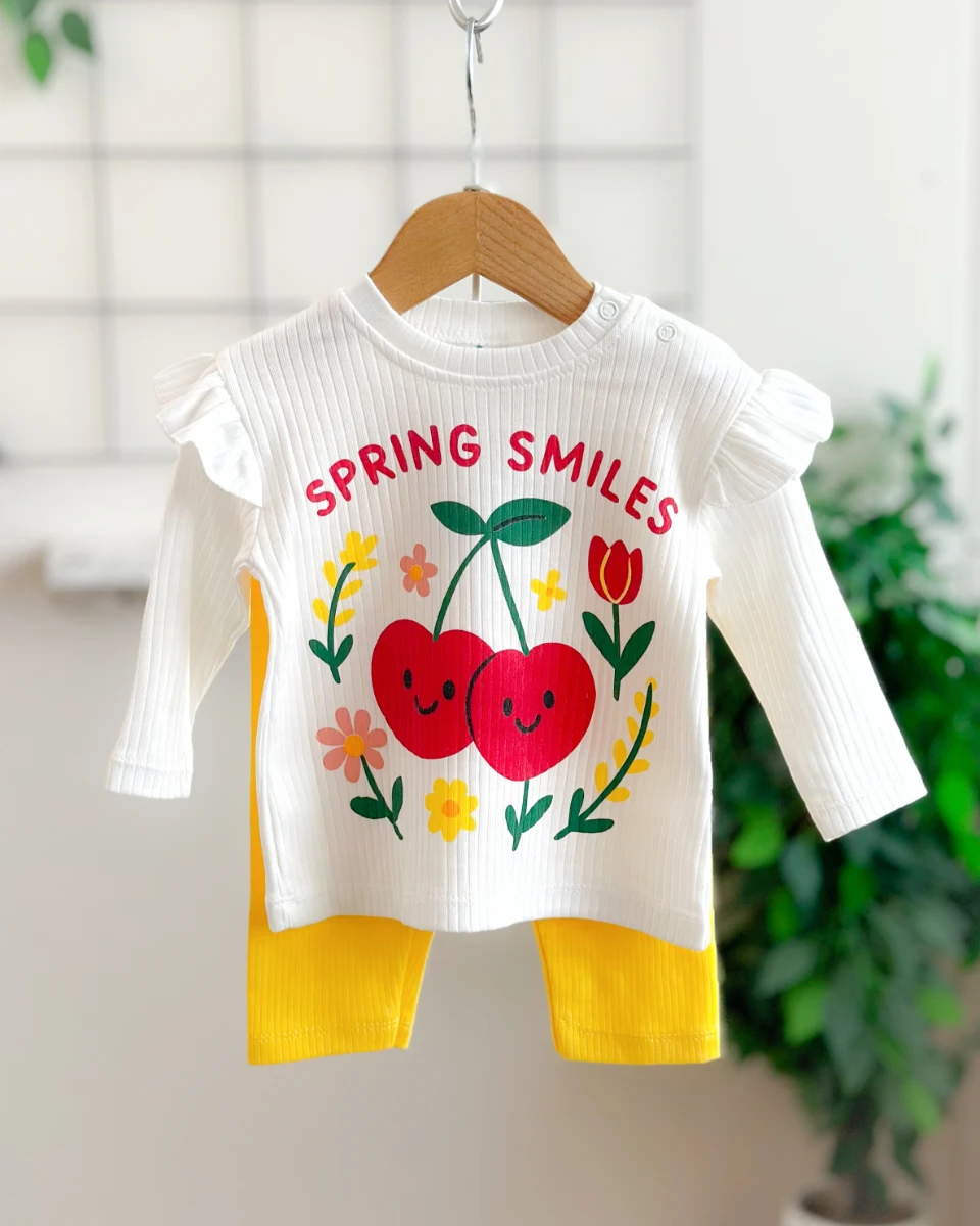 Sprıng smıles baskılı fitilli kumaş omuzdan çıtçıtlı mevsimlik 2 parça takım