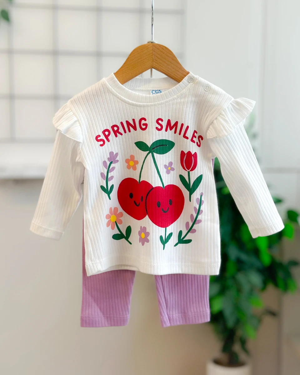 Sprıng smıles baskılı fitilli kumaş omuzdan çıtçıtlı mevsimlik 2 parça takım