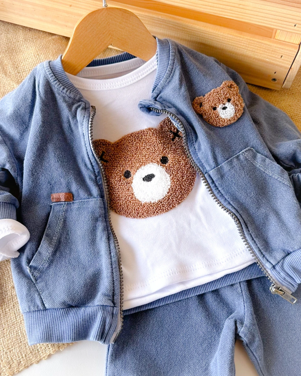 Kahve ayıcık nakışlı fermuar hırkalı mevsimlik 3 parça takım