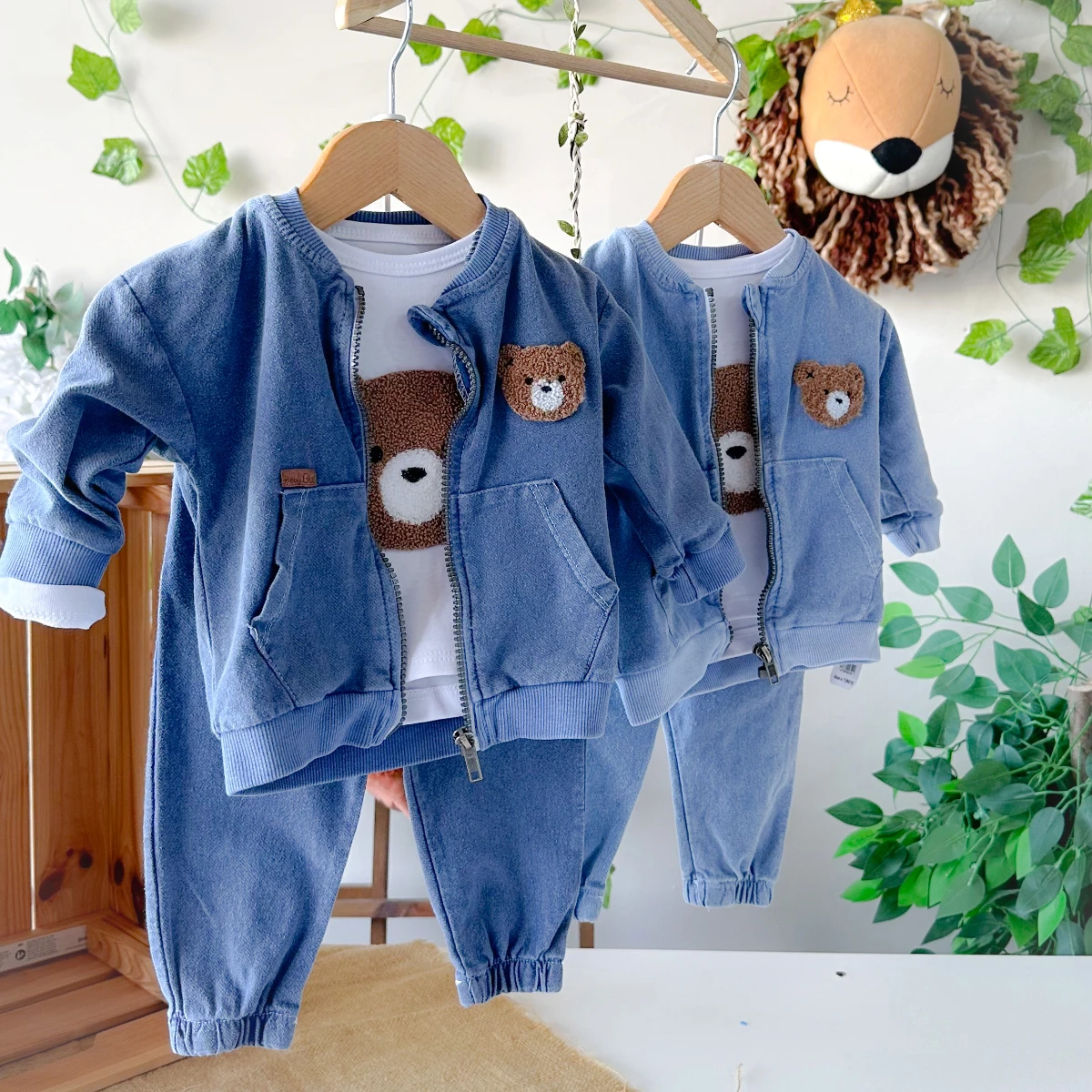 Kahve ayıcık nakışlı fermuar hırkalı mevsimlik 3 parça takım