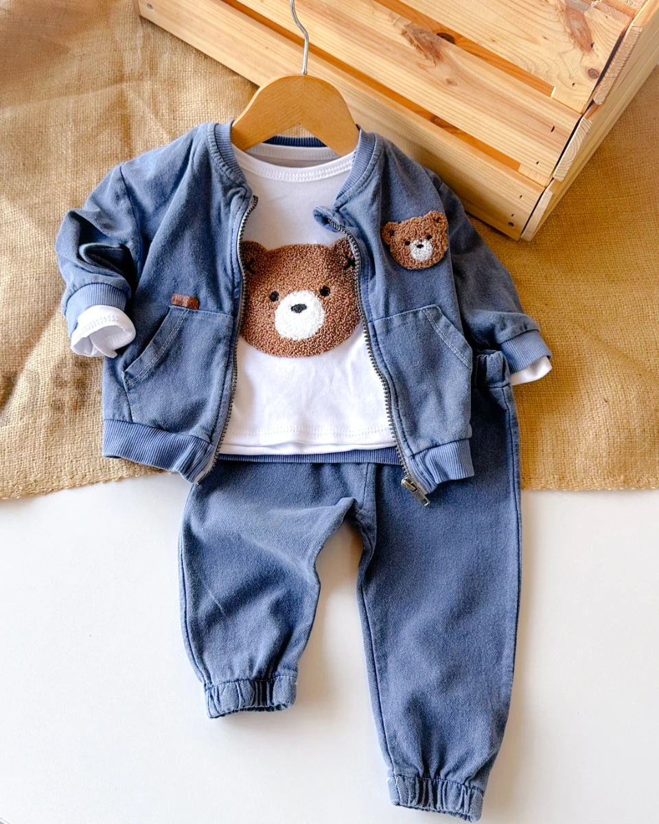 Kahve ayıcık nakışlı fermuar hırkalı mevsimlik 3 parça takım