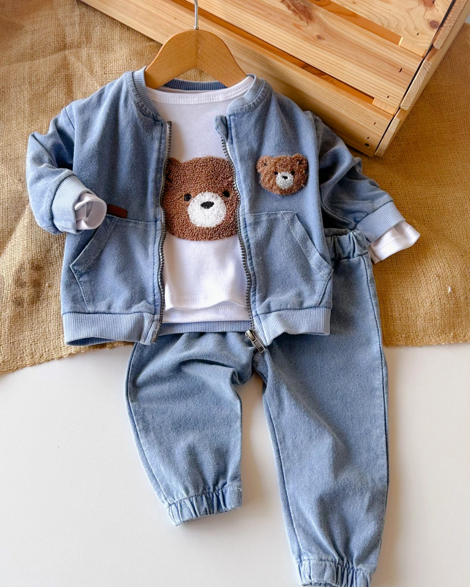 Kahve ayıcık nakışlı fermuar hırkalı mevsimlik 3 parça takım