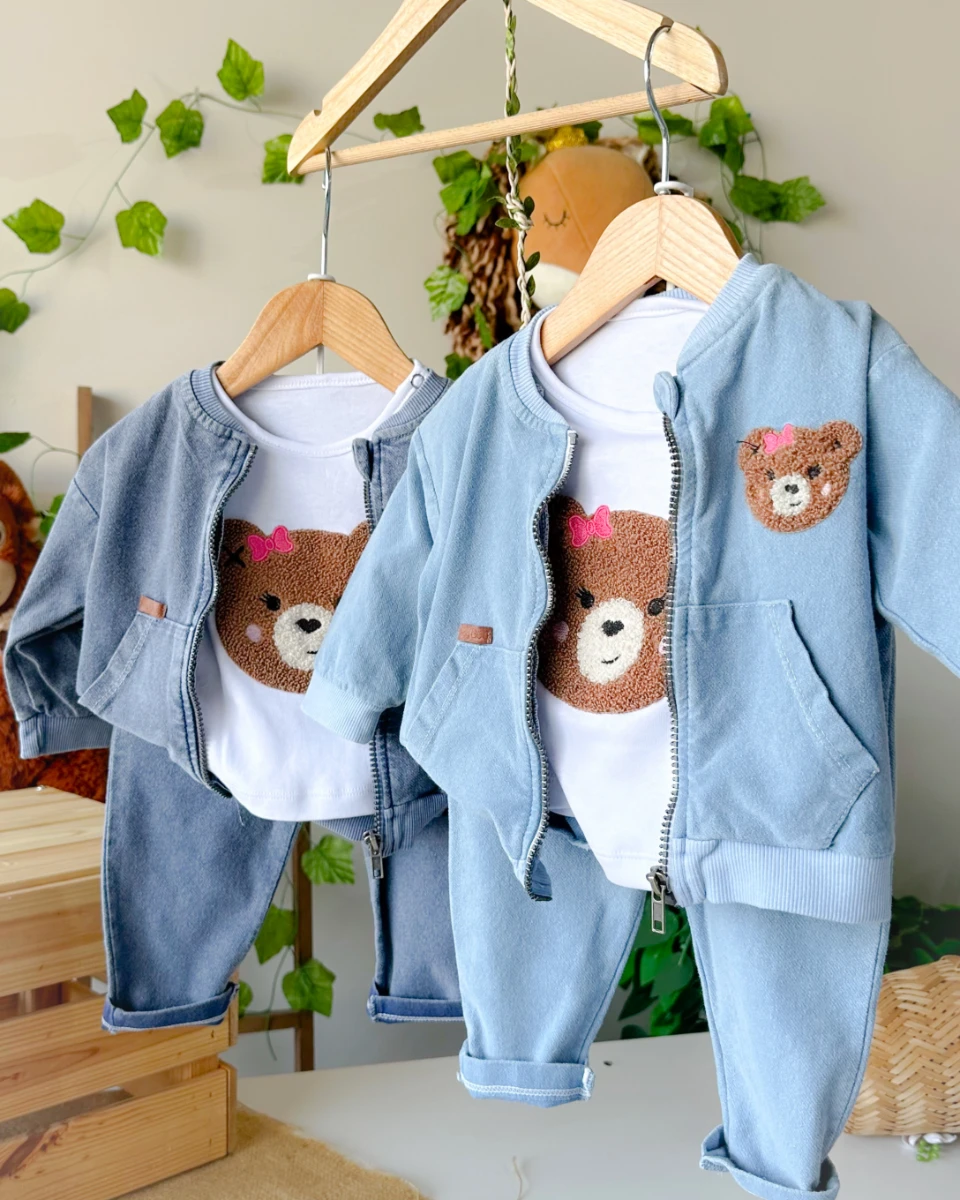 Pembe fiyonklu ayıcık nakışlı fermuar hırkalı mevsimlik 3 parça takım