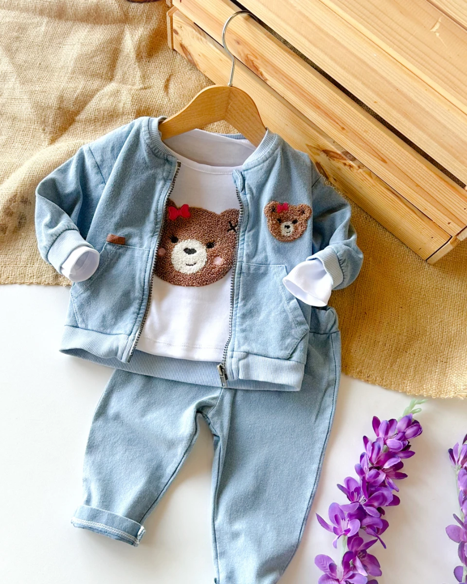 Pembe fiyonklu ayıcık nakışlı fermuar hırkalı mevsimlik 3 parça takım