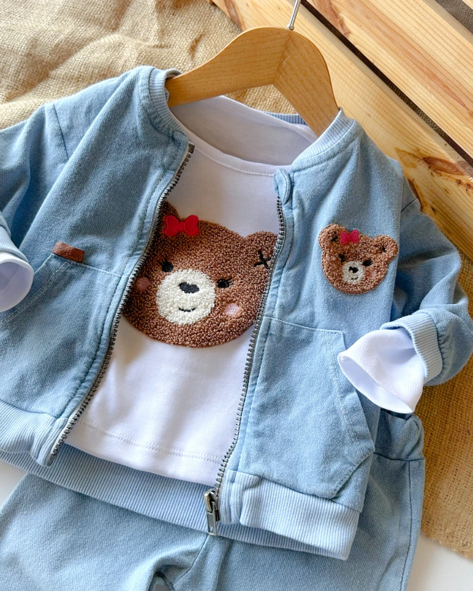 Pembe fiyonklu ayıcık nakışlı fermuar hırkalı mevsimlik 3 parça takım