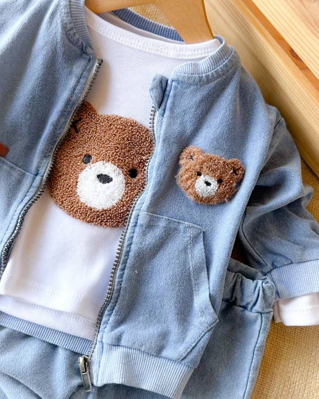 Kahve ayıcık nakışlı fermuar hırkalı mevsimlik 3 parça takım