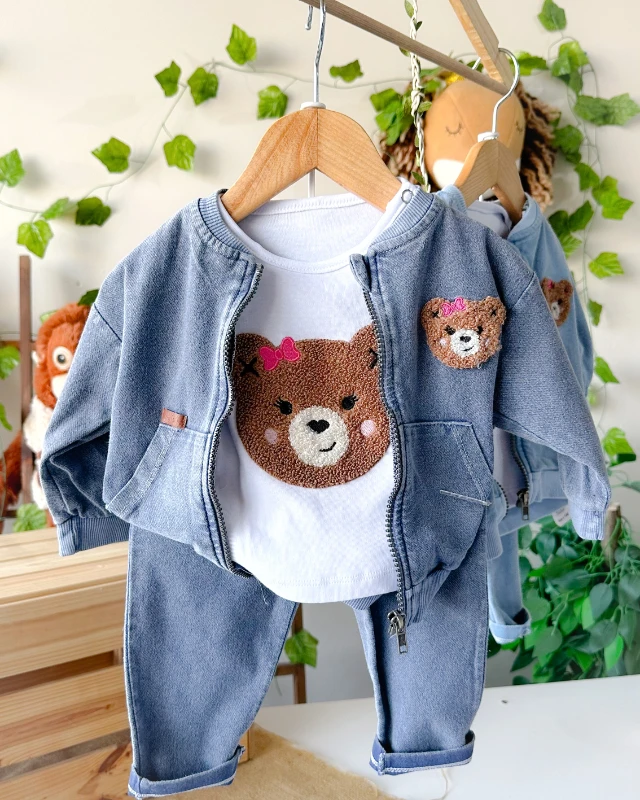 Pembe fiyonklu ayıcık nakışlı fermuar hırkalı mevsimlik 3 parça takım