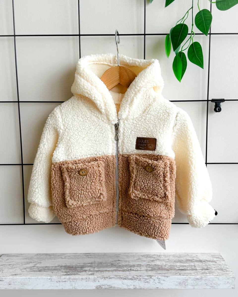Çift renk ve cepli kapüşonlu fermuarlı peluş hırka 
