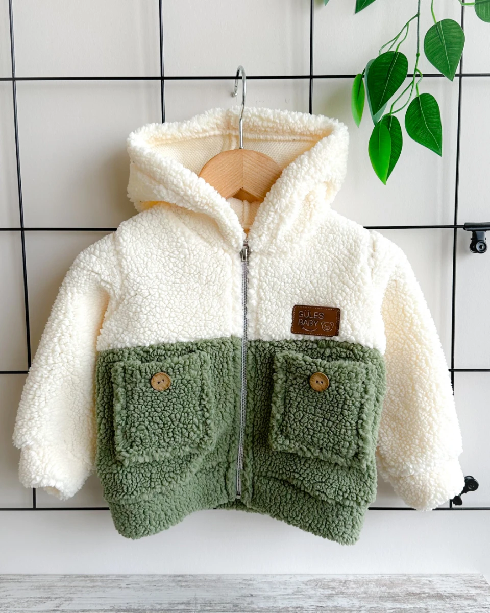 Çift renk ve cepli kapüşonlu fermuarlı peluş hırka 