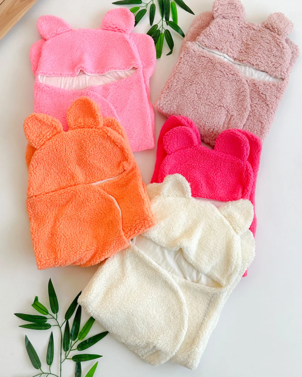 Ayıcık kulaklı cırtcırtlı içi astarlı peluş bebek kundağı (0-6 ay uyumlu)