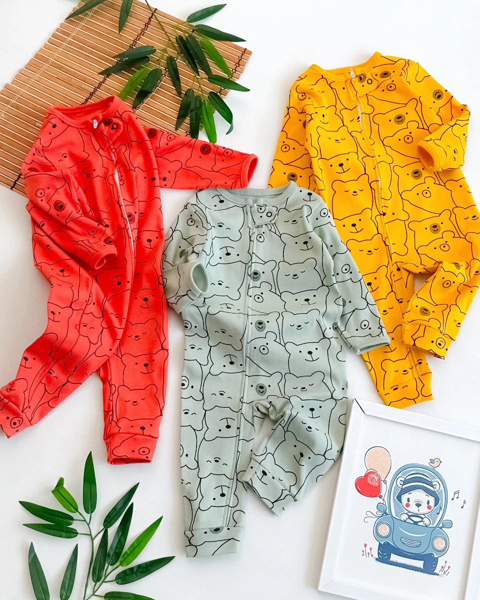 Sevimli ayıcık kafalar boydan fermuarlı mevsimlik 3lü tulum set