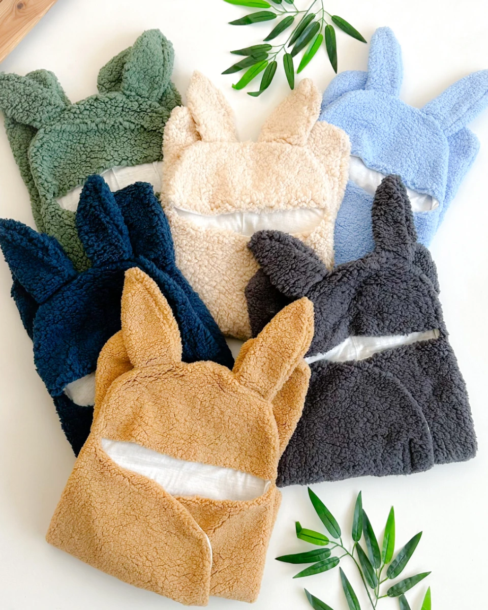 Tavşan kulaklı cırtcırtlı içi astarlı peluş bebek kundağı (0-6 ay uyumlu)