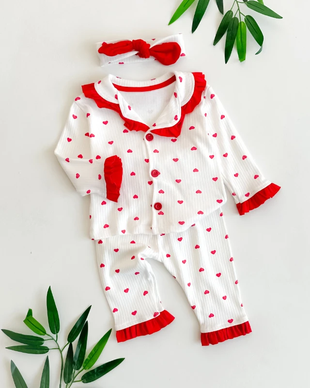 Fırfır yakalı minik kalpler baskılı önden düğmeli bandanalı mevsimlik 3 parça pijama takımı