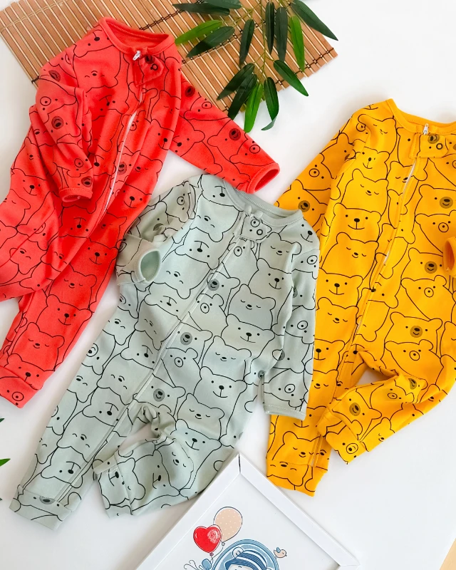 Sevimli ayıcık kafalar boydan fermuarlı mevsimlik 3lü tulum set