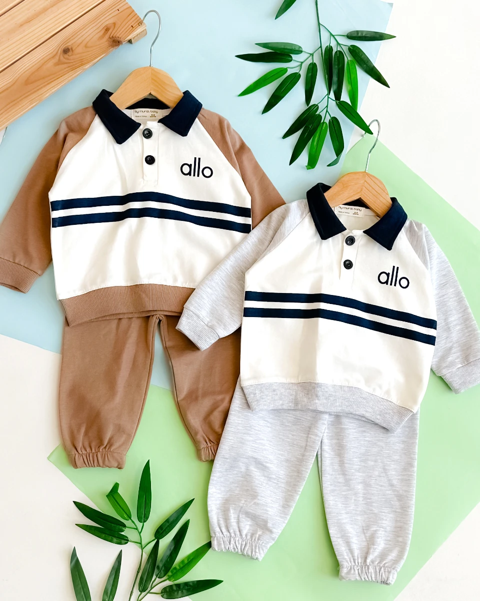 Allo yazılı gömlek yaka detay bilekten büzgülü eşofman mevsimlik 2li takım 