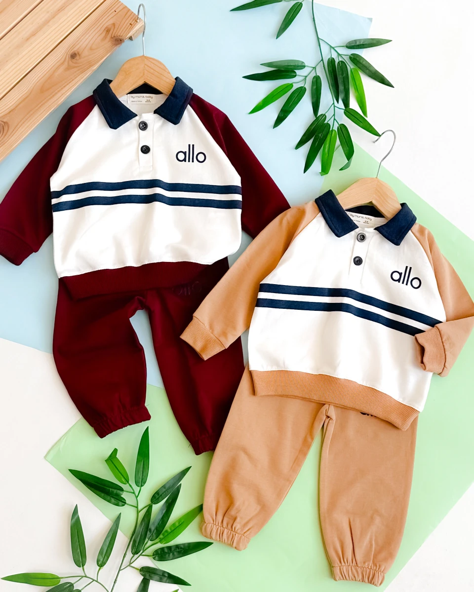 Allo yazılı gömlek yaka detay bilekten büzgülü eşofman mevsimlik 2li takım 