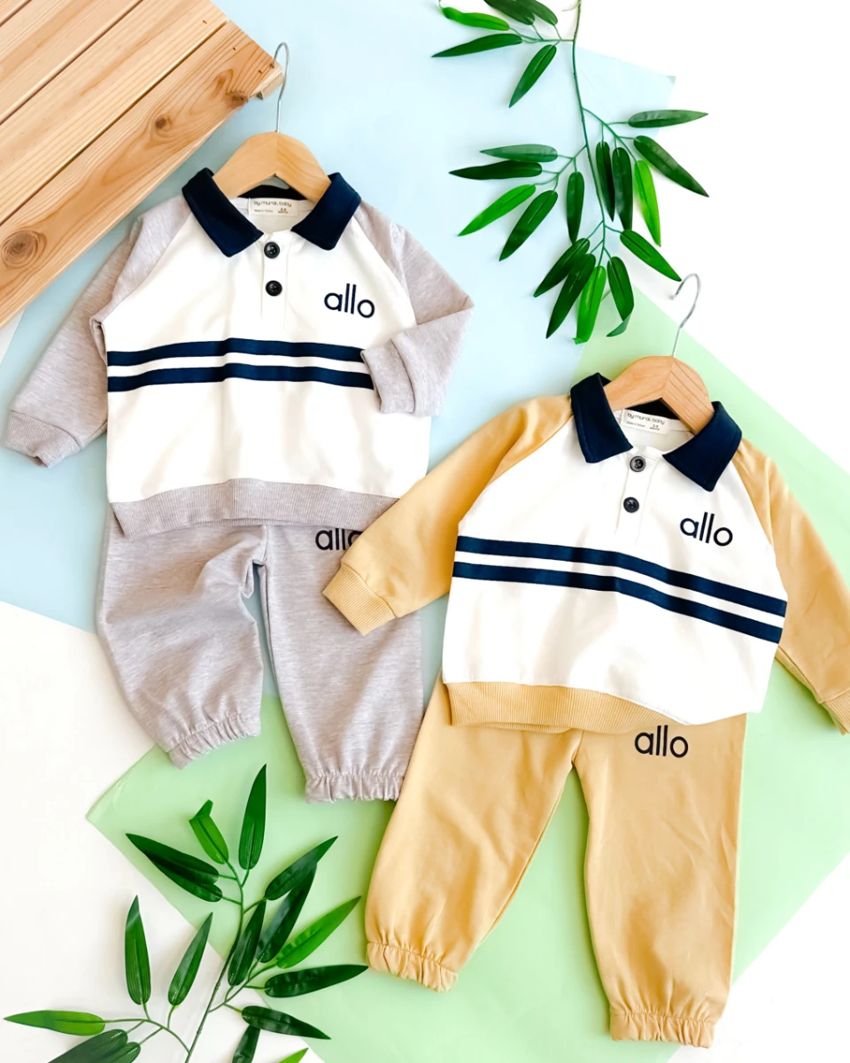 Allo yazılı gömlek yaka detay bilekten büzgülü eşofman mevsimlik 2li takım 