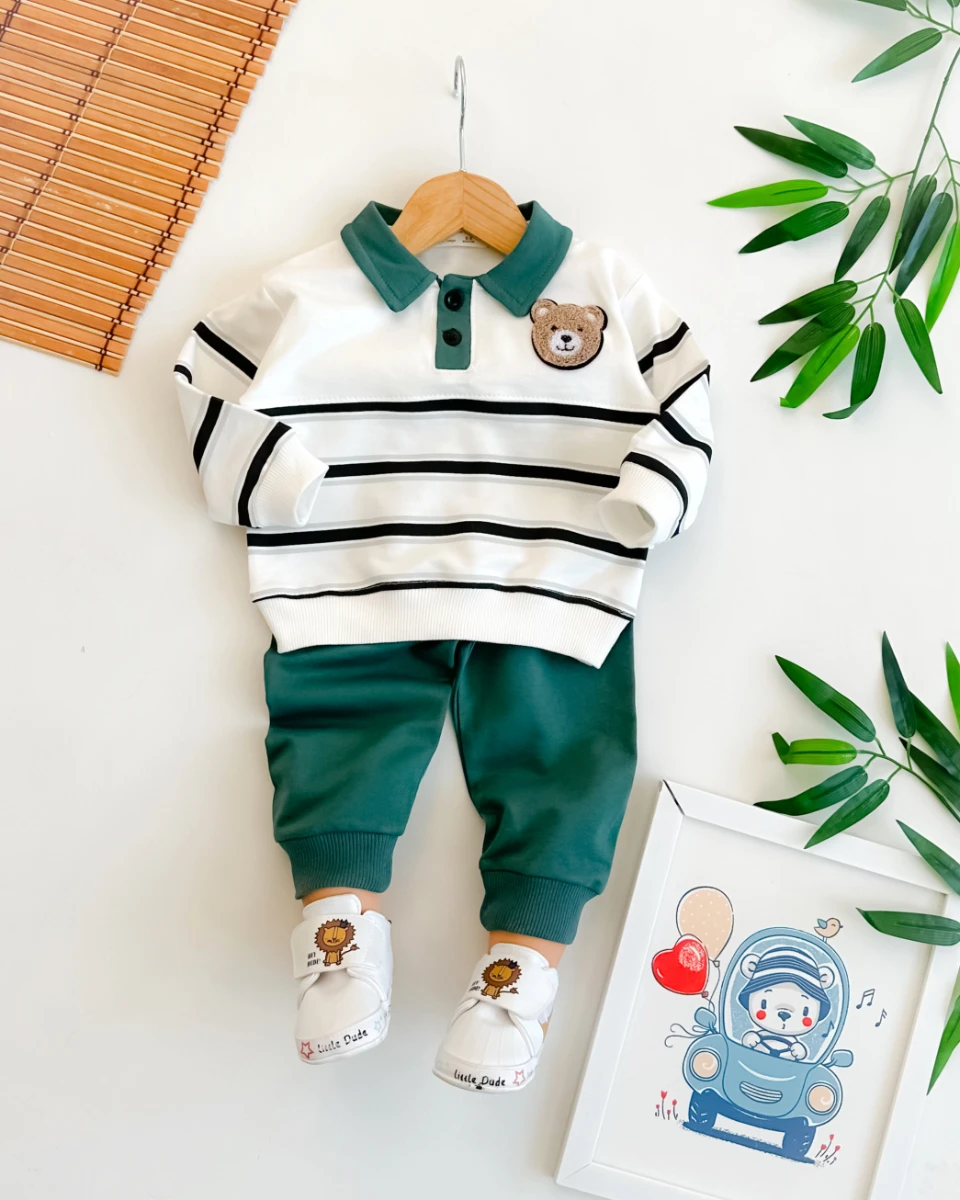 Ayı armalı çizgili gömlk yaka detay mevsimlik 2li takım 