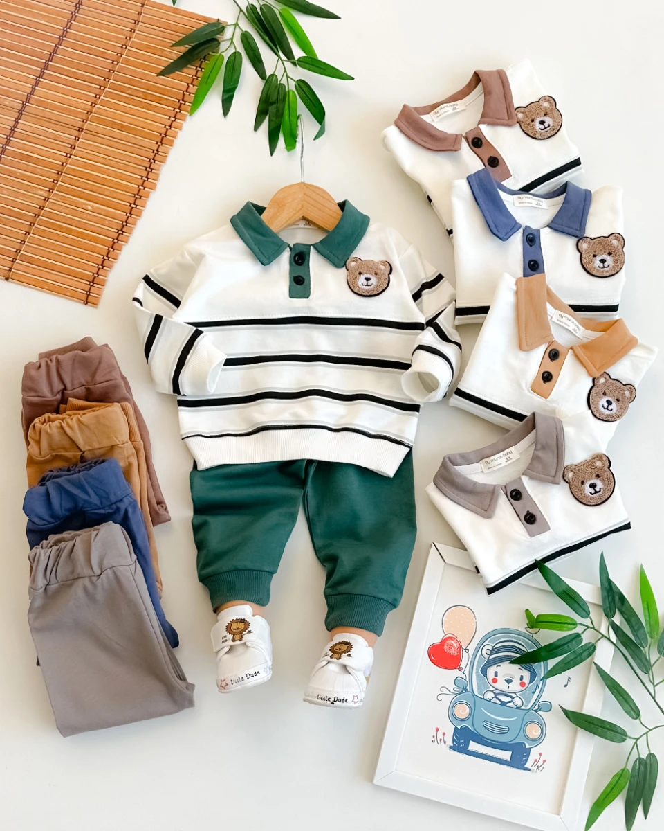 Ayı armalı çizgili gömlk yaka detay mevsimlik 2li takım 