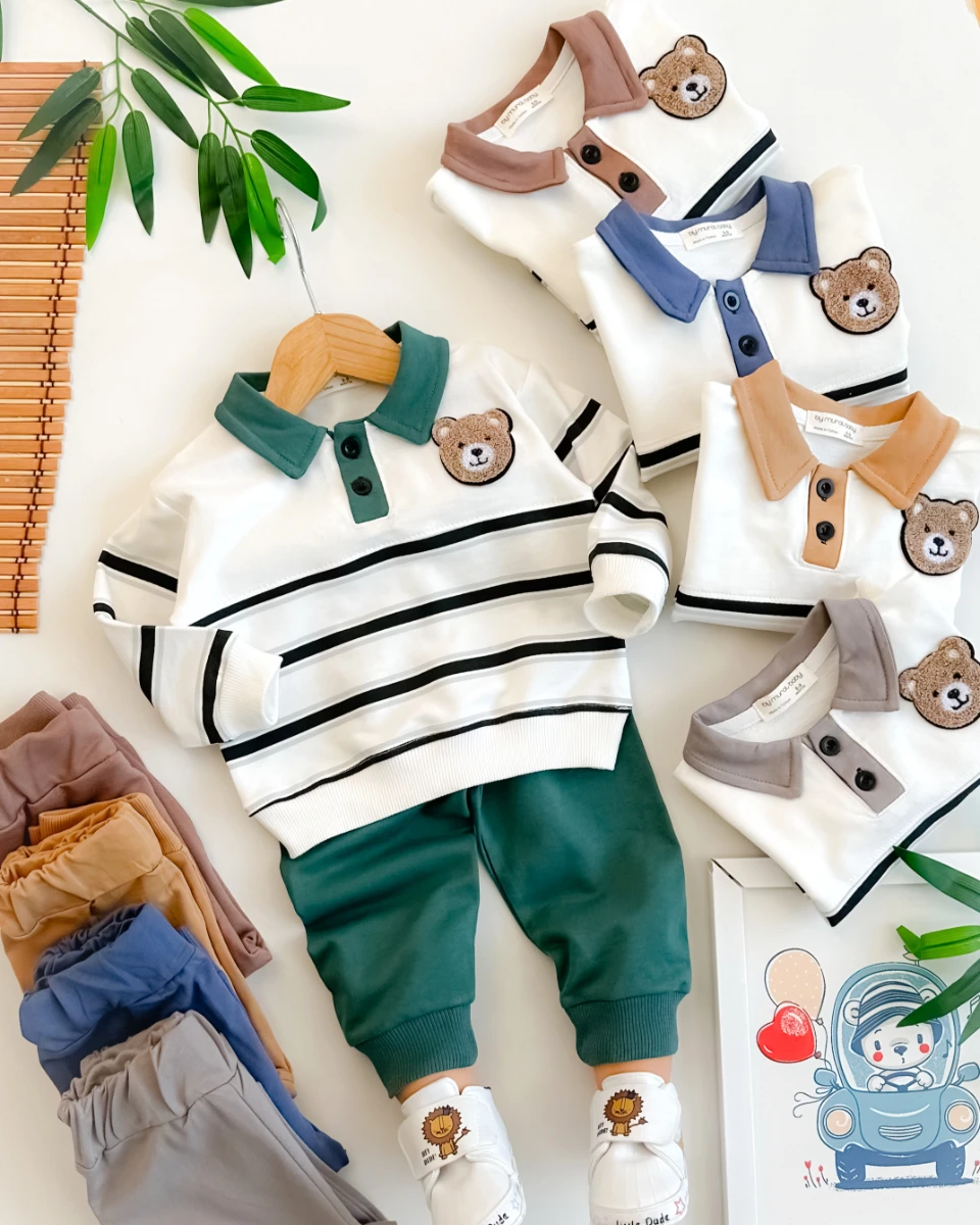 Ayı armalı çizgili gömlk yaka detay mevsimlik 2li takım 