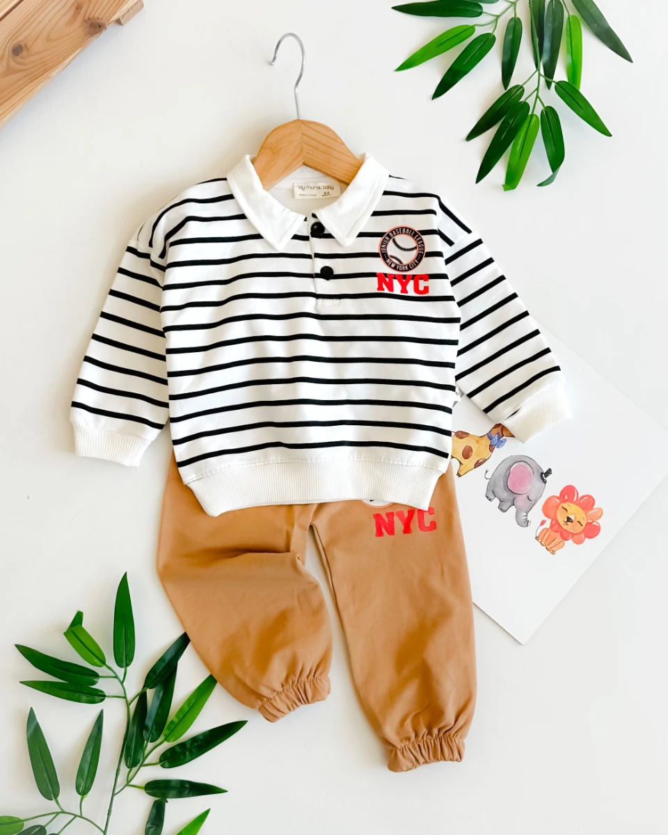 Baseball çizgili gömlek yaka detay mevsimlik 2li takım 