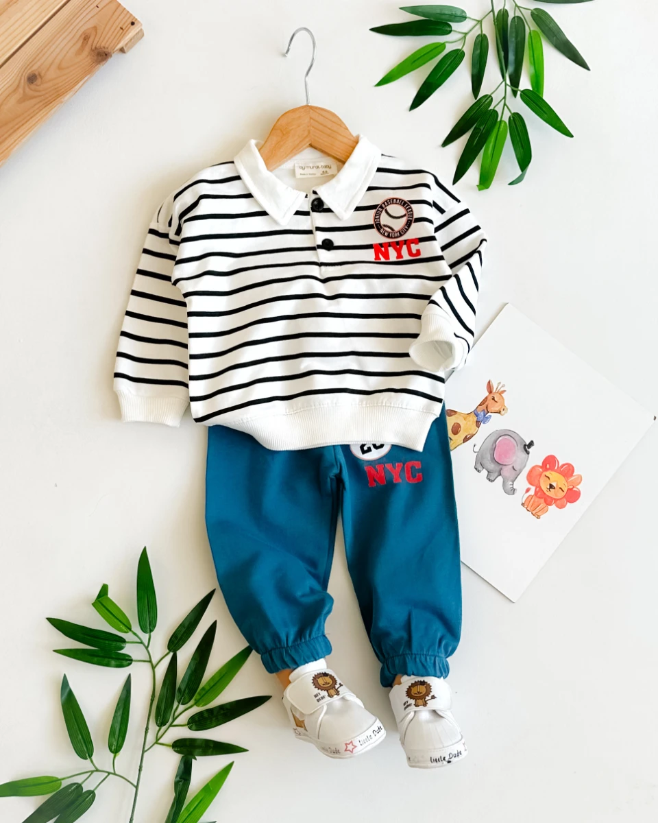 Baseball çizgili gömlek yaka detay mevsimlik 2li takım 