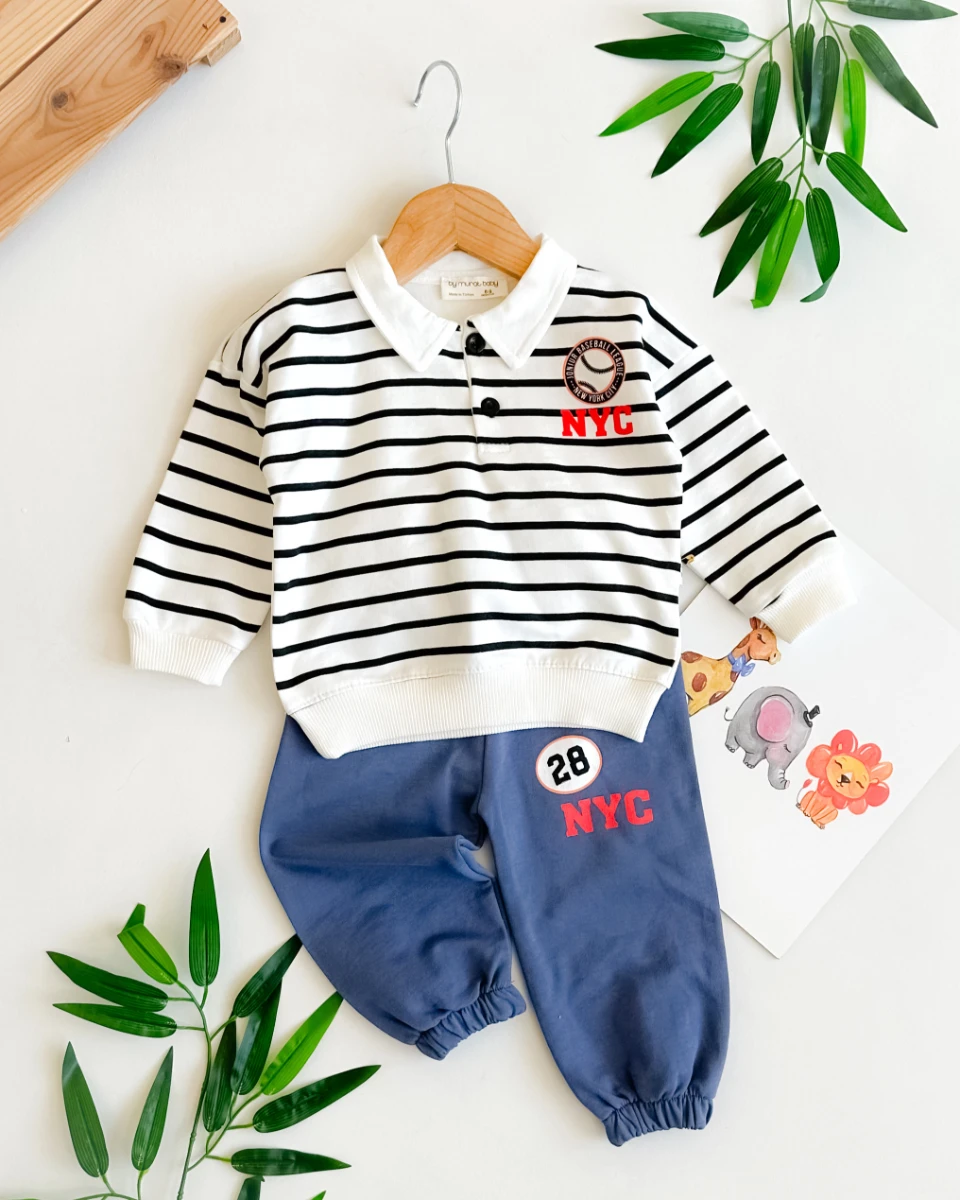 Baseball çizgili gömlek yaka detay mevsimlik 2li takım 