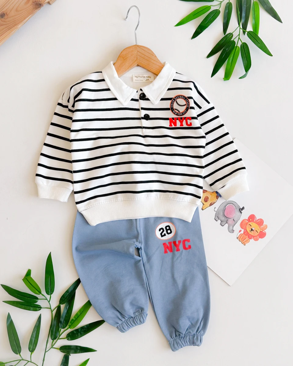 Baseball çizgili gömlek yaka detay mevsimlik 2li takım 