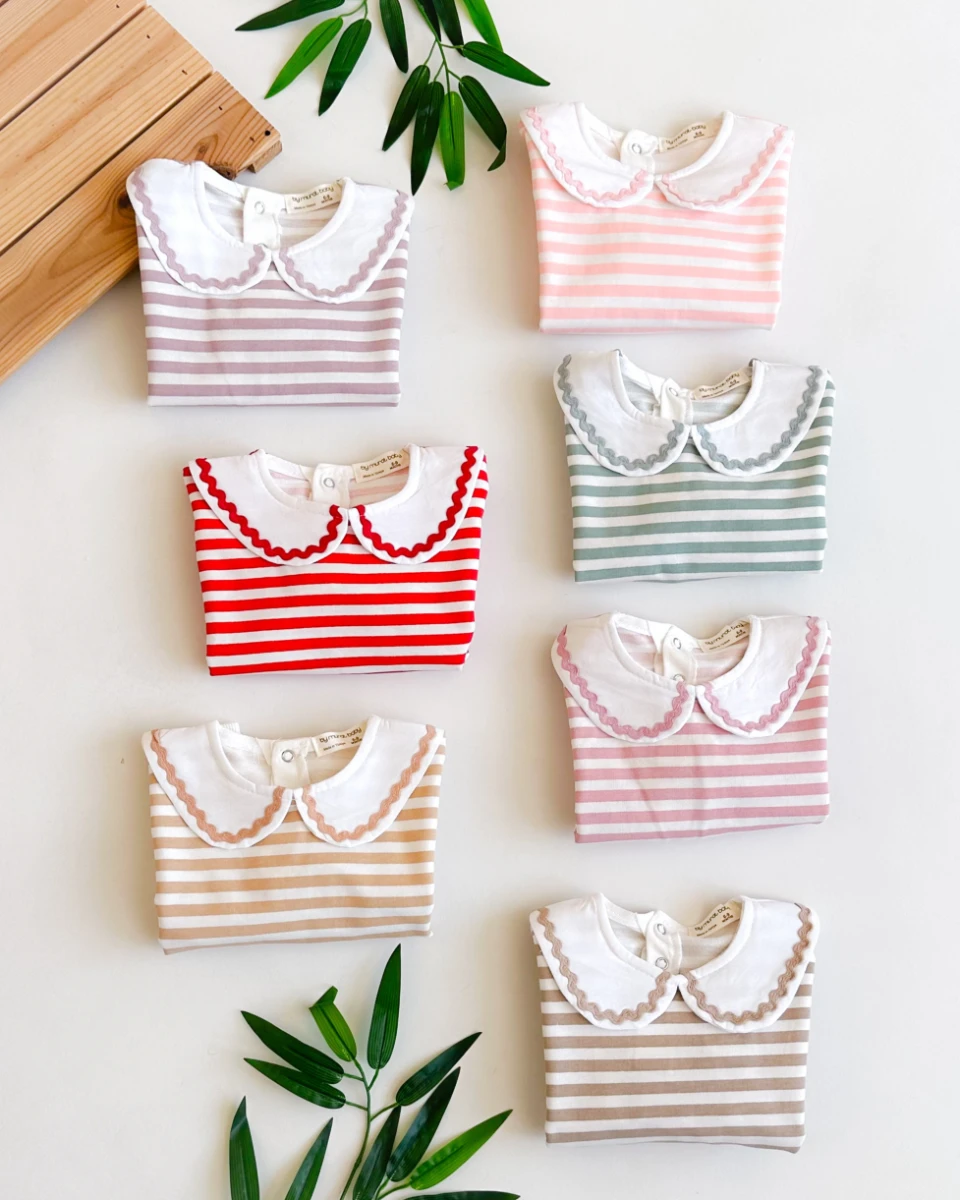 Bebe yaka detay arkadan çıtçıtlı çizgili mevsimlik 2 li takım 