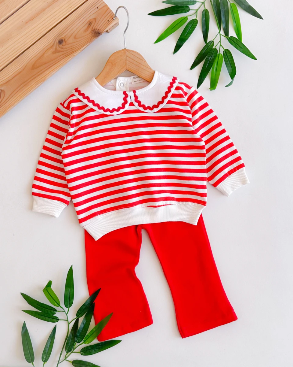 Bebe yaka detay arkadan çıtçıtlı çizgili mevsimlik 2 li takım 