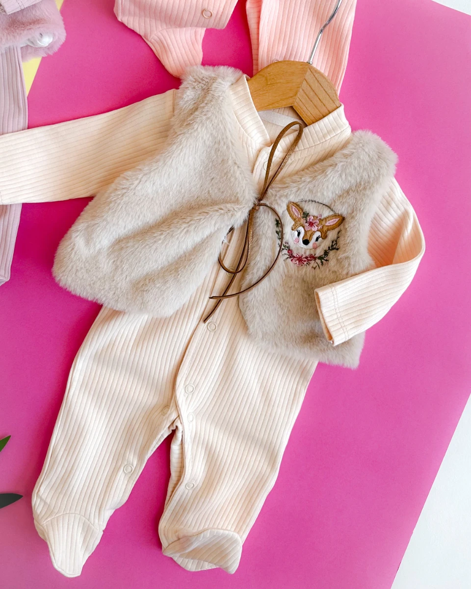 Çiçek taçlı karaca nakış kürk boleralı 2 parça ayaklı tulum set 