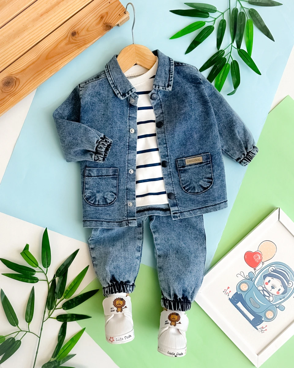 Çıtçıt detay kot ceketli çizgili sweatli mevsimlik 3lü takım 