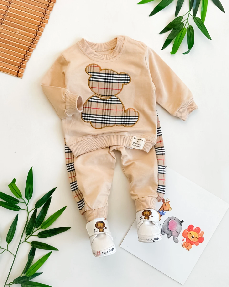 Ekose ayıcık detay omuzdan çıtçıtlı mevsimlik 2li takım 