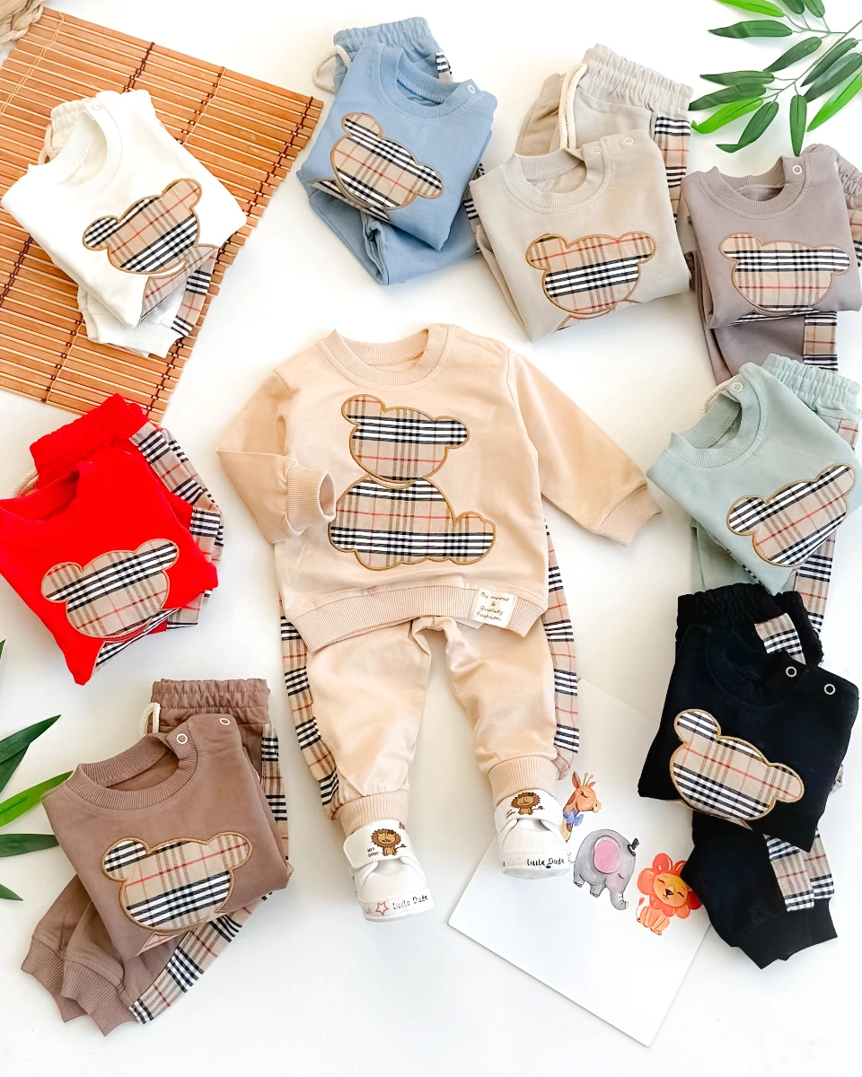 Ekose ayıcık detay omuzdan çıtçıtlı mevsimlik 2li takım 