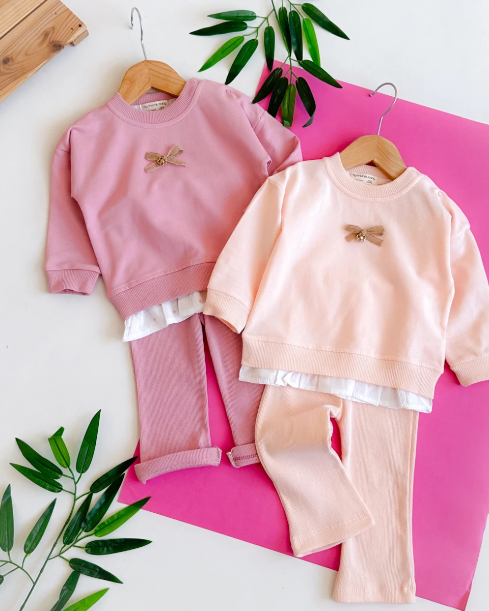 Fiyonk çiçek broş sahte puantiye gömlek detaylı mevsimlik 2li takım 