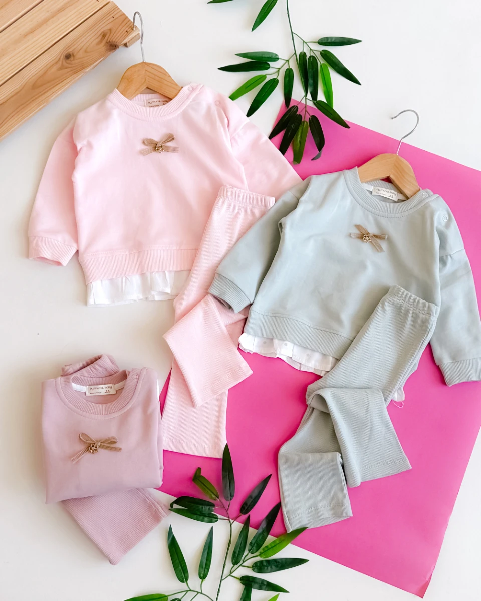 Fiyonk çiçek broş sahte puantiye gömlek detaylı mevsimlik 2li takım 