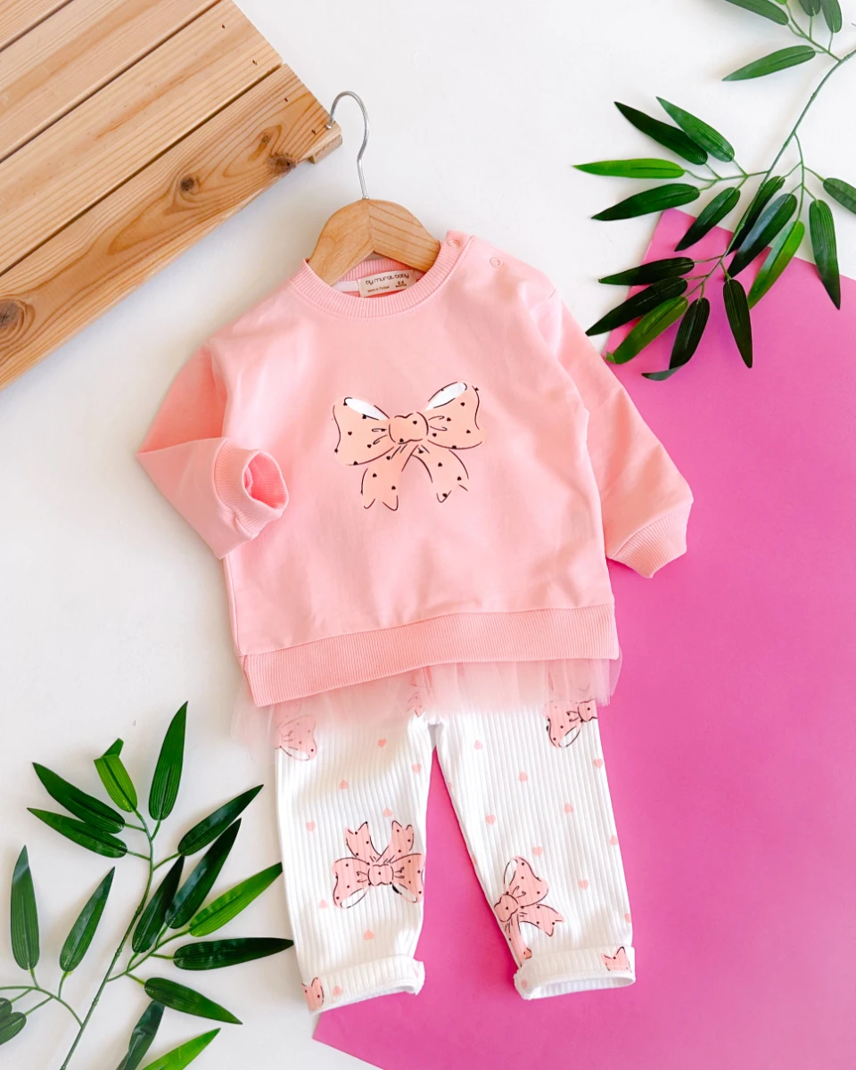 Kalp fiyonk baskılı tül detaylı taytlı mevsimlik 2li takım