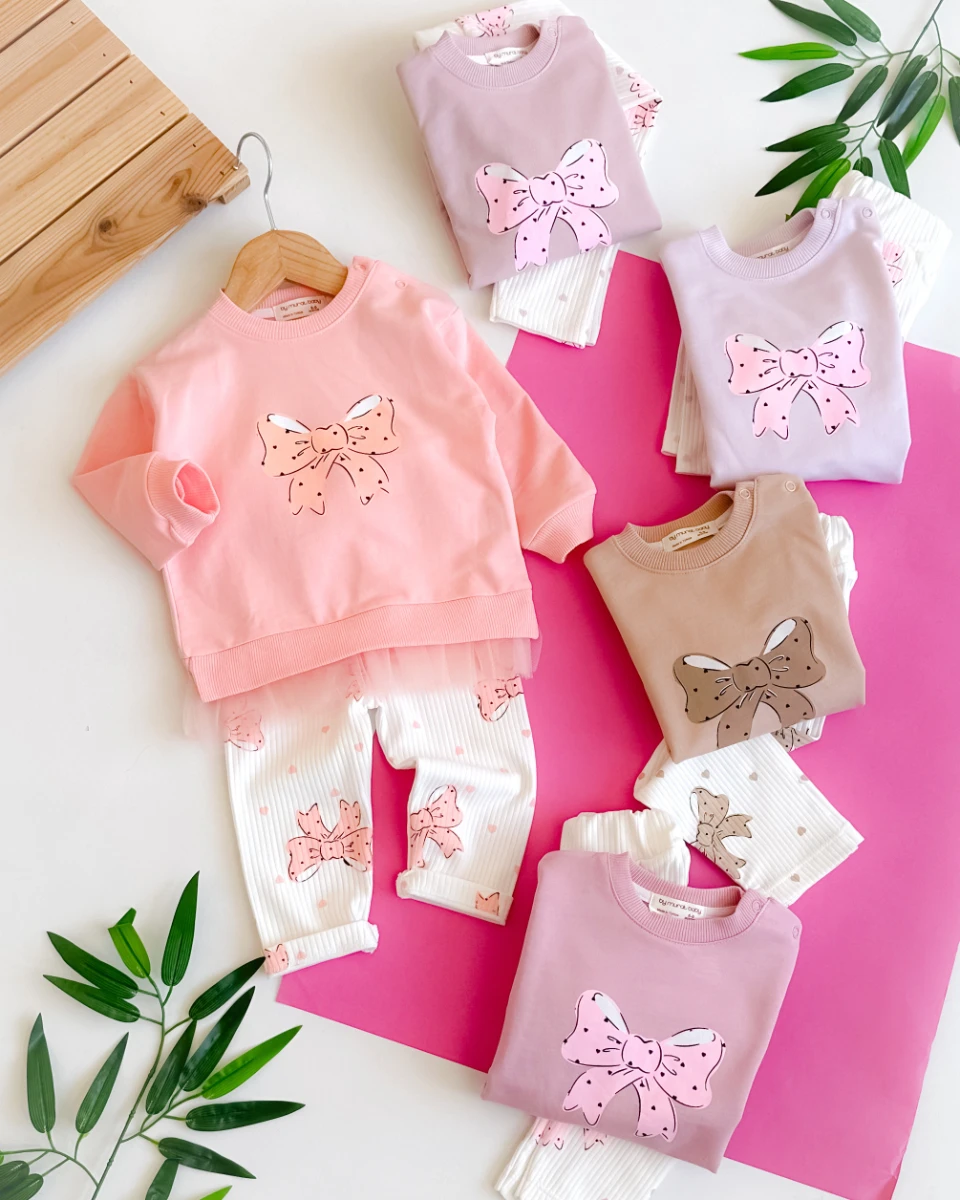 Kalp fiyonk baskılı tül detaylı taytlı mevsimlik 2li takım