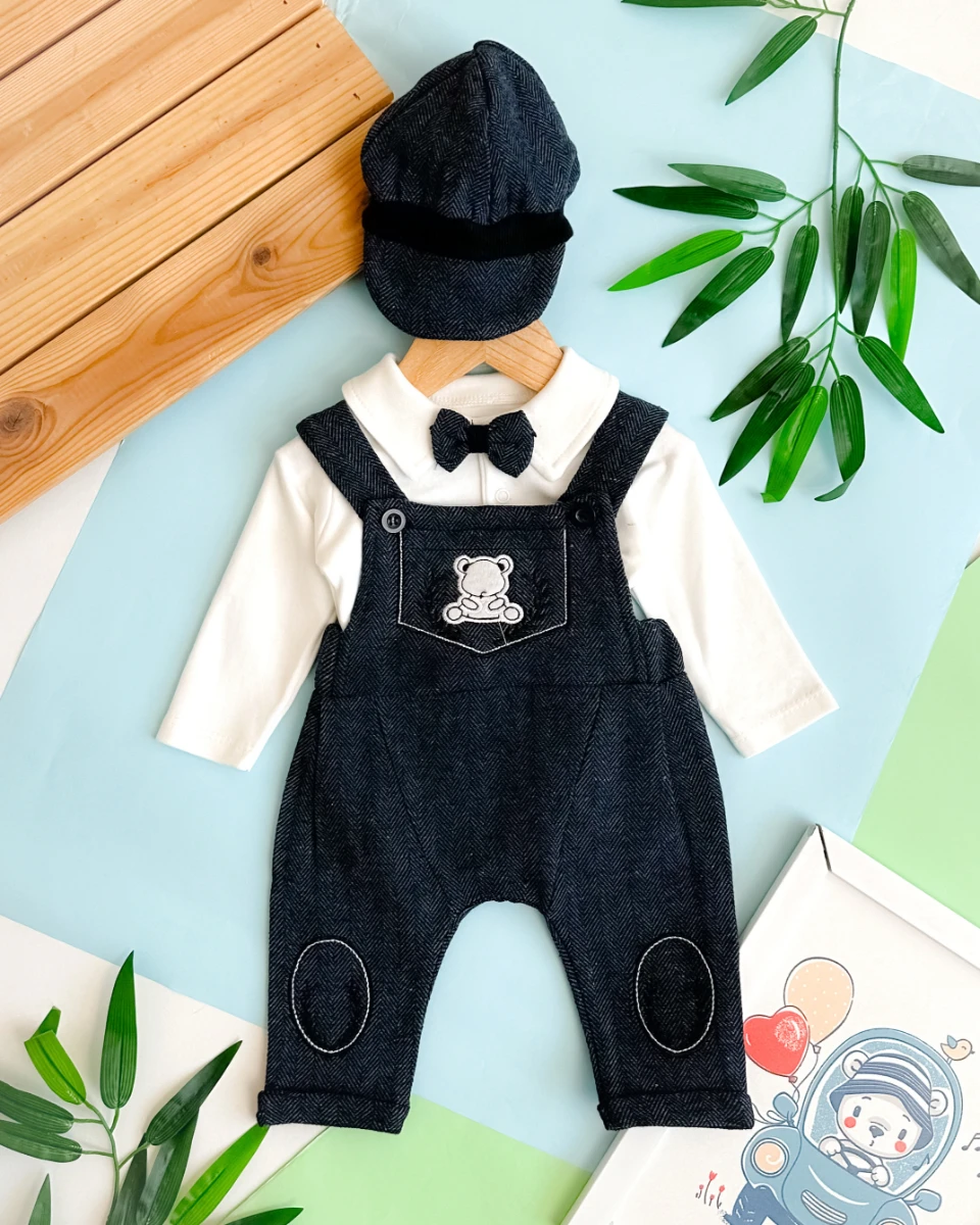 Kasket şapka detaylı ayıcık figürlü 4 parça salopet set 