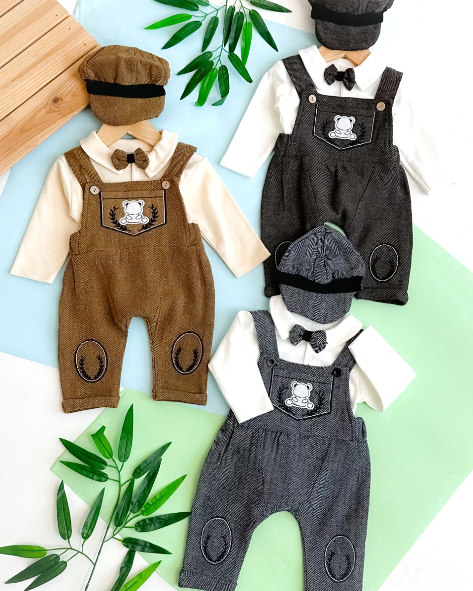 Kasket şapka detaylı ayıcık figürlü 4 parça salopet set 