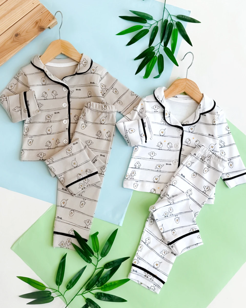 Love birds biye detaylı önden düğmeli mevsimlik 2 parça pijama takımı 