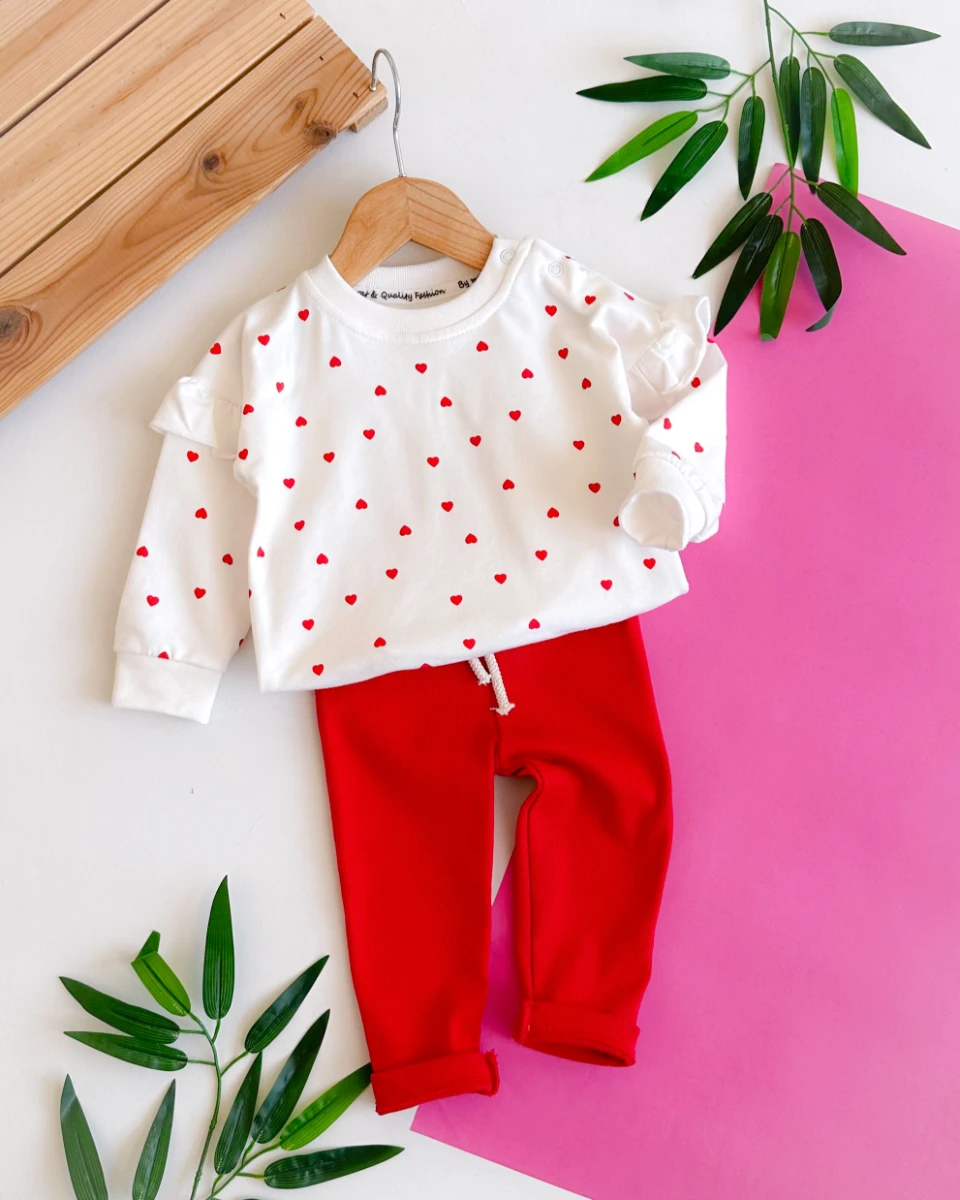 Minik kalpler desen kollarda fırfır detay taytlı mevsimlik 2li takım