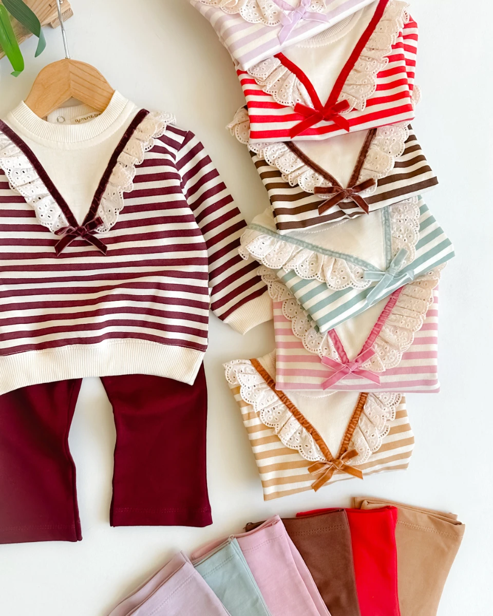 V güpür yakalı çizgili ispanyol paça taytlı mevsimlik 2li takım 