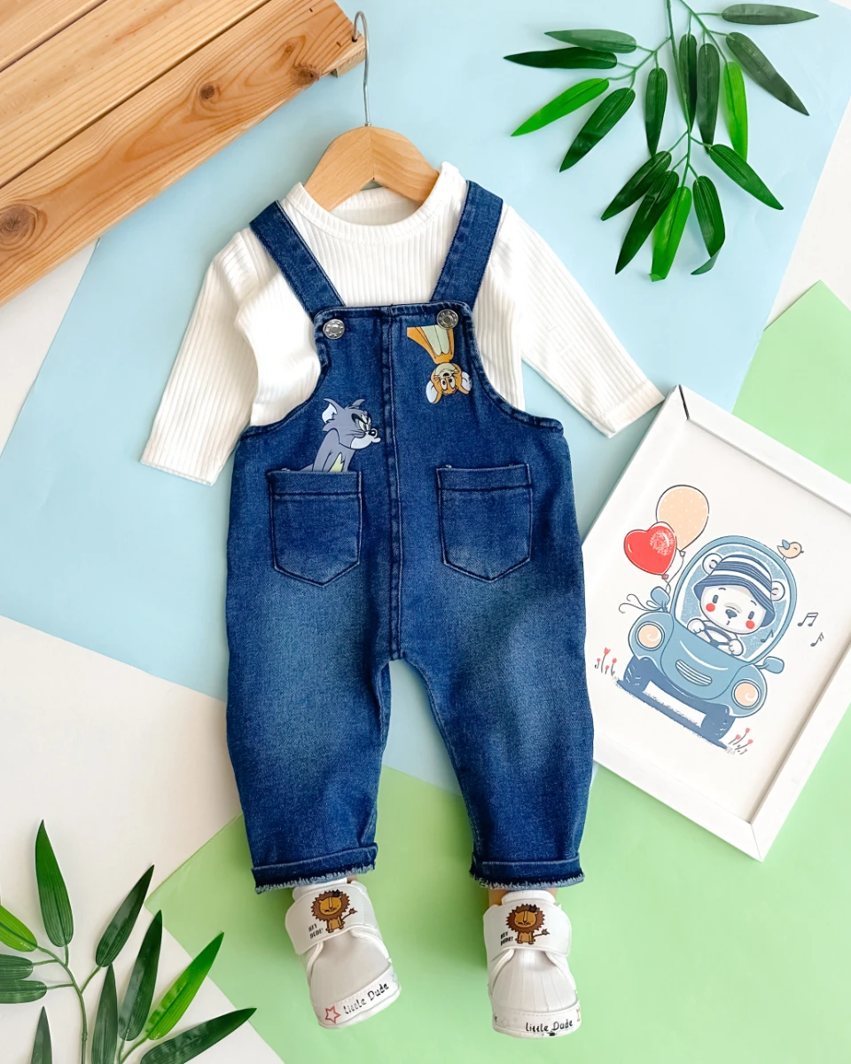 Yaramaz fare ve sinirli kedi cep detaylı mevsimlik 2li salopet set 